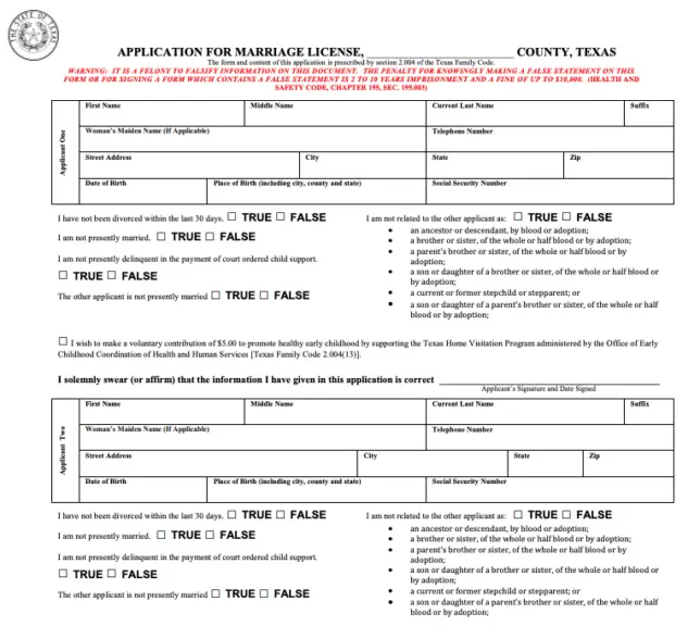 Texas Marriage License application