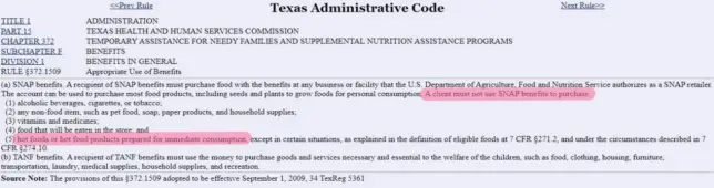 Can you buy hot food with food stamps in Texas
