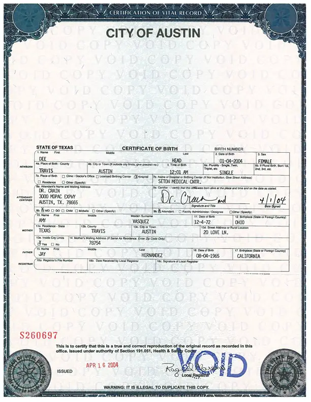 Austin Texas birth certificate