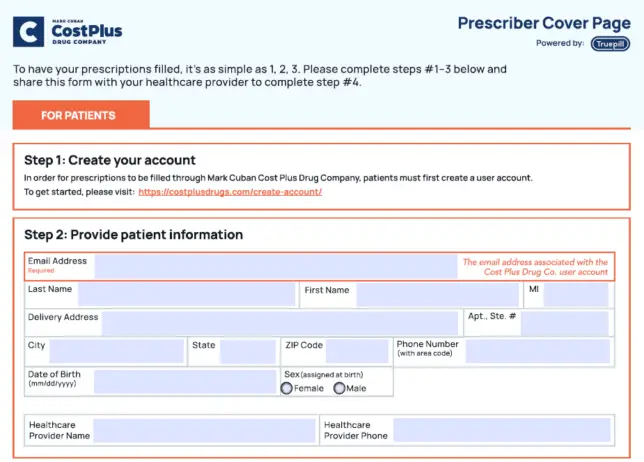 Cost Plus prescriber download form