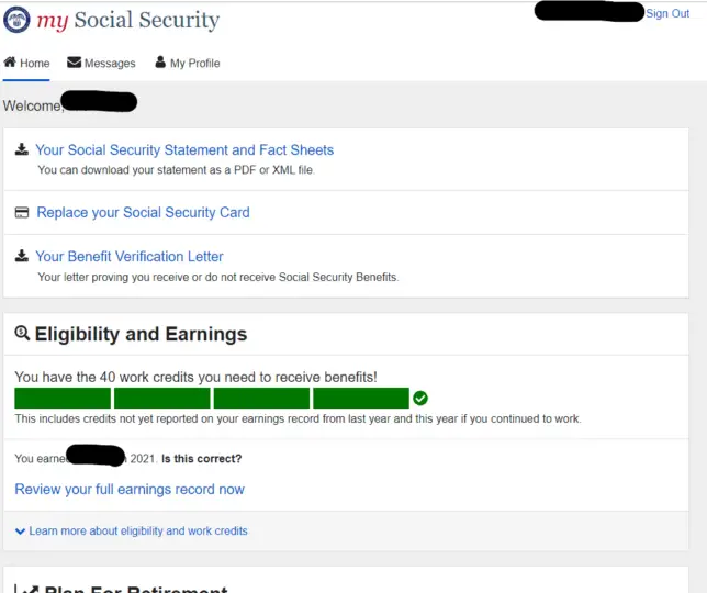 my Social Security account home page