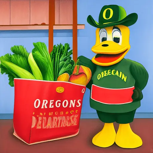 Oregon Duck mascot shopping using Oregon food stamps