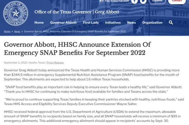 Texas extra food stamps September 2022